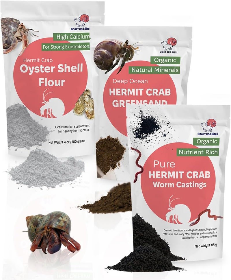 Snout and Shell Hermit Crab Supplement Bundle – Greensand, Oyster Shell Powder and Worm Castings – Molting Support, Natural Calcium, Minerals and Protein – Auto Feeder Friendly, USA Sourced, Organic, Non-GMO - Image 1